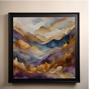 Poster Paisagem com Abstrato de Aquarela Dourada 1:1