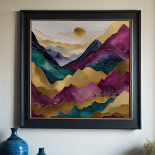 Poster Paisagem com Abstrato de Aquarela Dourada 1:1