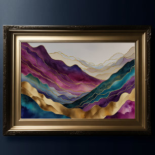 Poster Paisagem com Abstrato de Aquarela Dourada 3:2