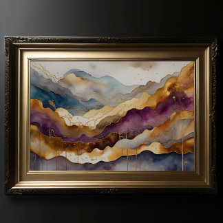 Poster Paisagem com Abstrato de Aquarela Dourada 3:2