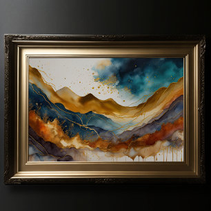 Poster Paisagem com Abstrato de Aquarela Dourada 3:2