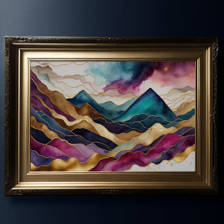 Poster Paisagem com Abstrato de Aquarela Dourada 3:2