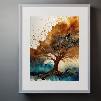 Poster Paisagem com Abstrato de Aquarela Dourada 3:4