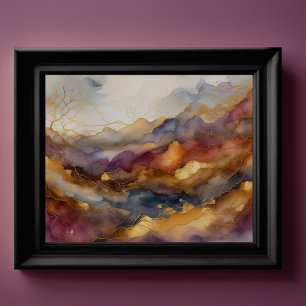 Poster Paisagem com Abstrato de Aquarela Dourada 4:3