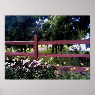 Póster Paisagem com cerca e flores