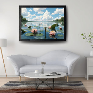 Póster Paisagem com Foguetes de Água Rosa e Céu Nublado