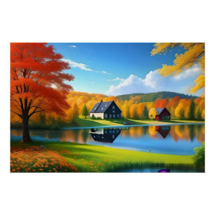 Póster Paisagem com lago, algodão e árvores-324563