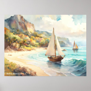 Poster Paisagem com navios de mar e de navegação