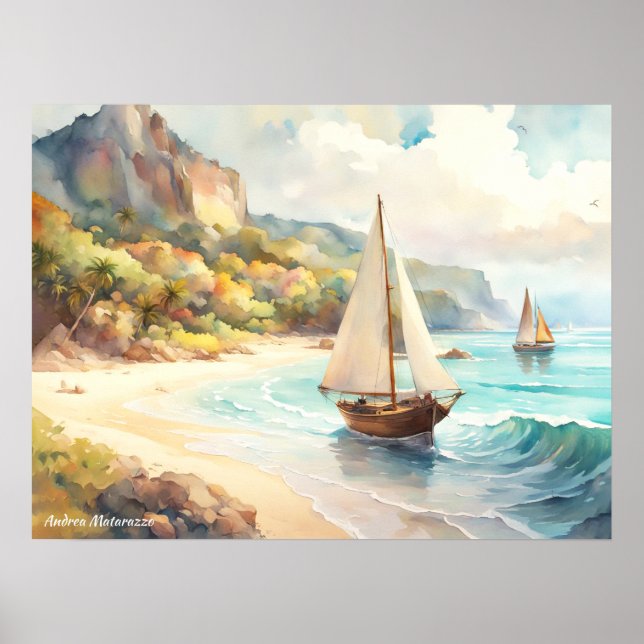 Poster Paisagem com navios de mar e de navegação (Frente)
