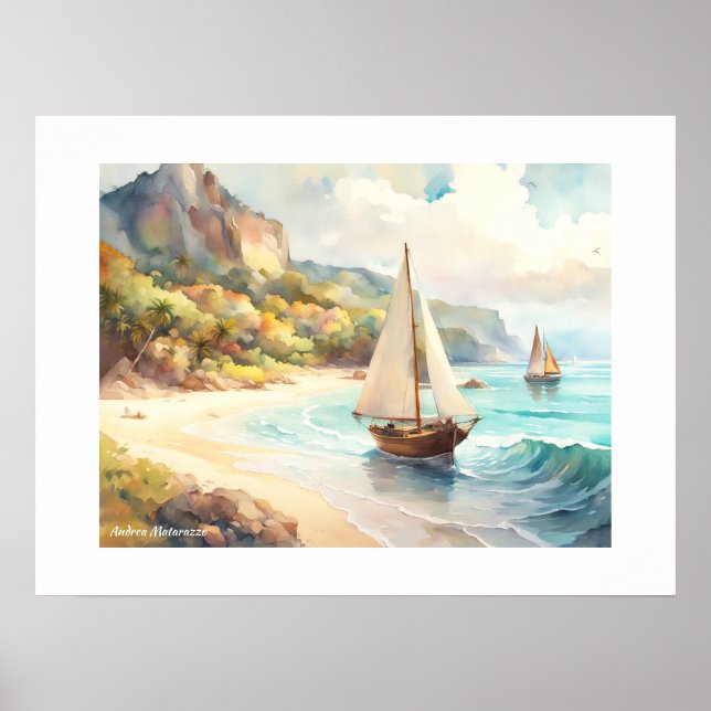 Poster Paisagem com navios de mar e de navegação (Frente)