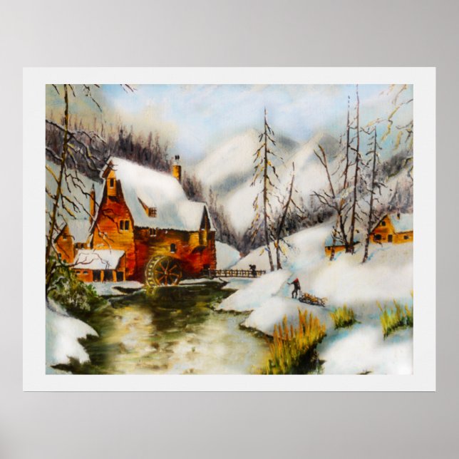 Poster Paisagem com neve com roda d'água (Frente)