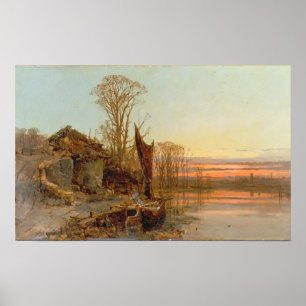 Póster Paisagem com uma casa de campo arruinada no por do