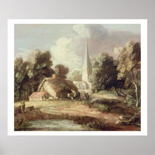 Póster Paisagem com uma igreja, casa de campo, aldeões e