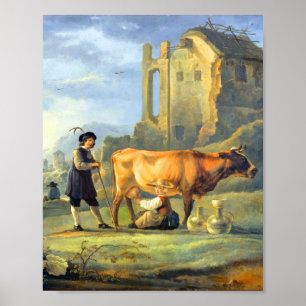 Poster Paisagem com uma menina ordenhando uma vaca de Ael