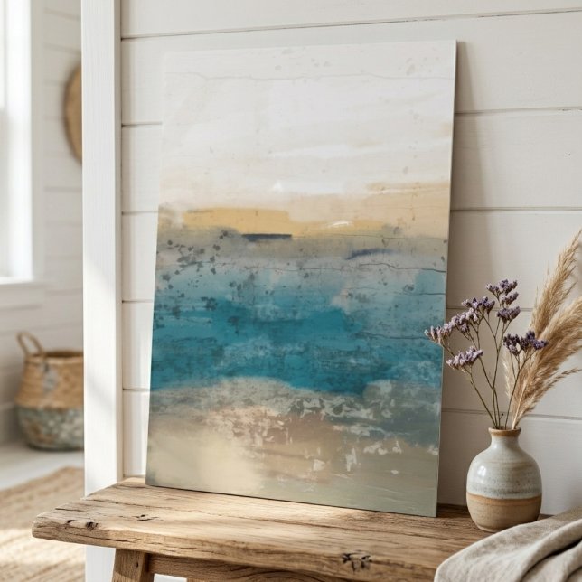 Poster Paisagem costeira abstrata com azul-turquesa e beg (This peaceful abstract landscape on the art poster brings a relaxing vibe to your living room.)