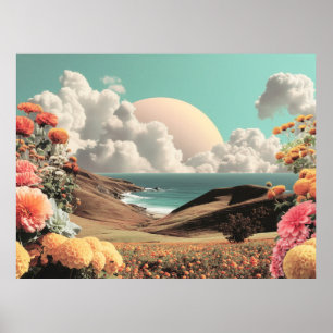 Poster Paisagem Costeira Surrealista com Flores e Nuvens