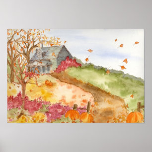 Poster Paisagem da aguarela da casa do país das abóbora