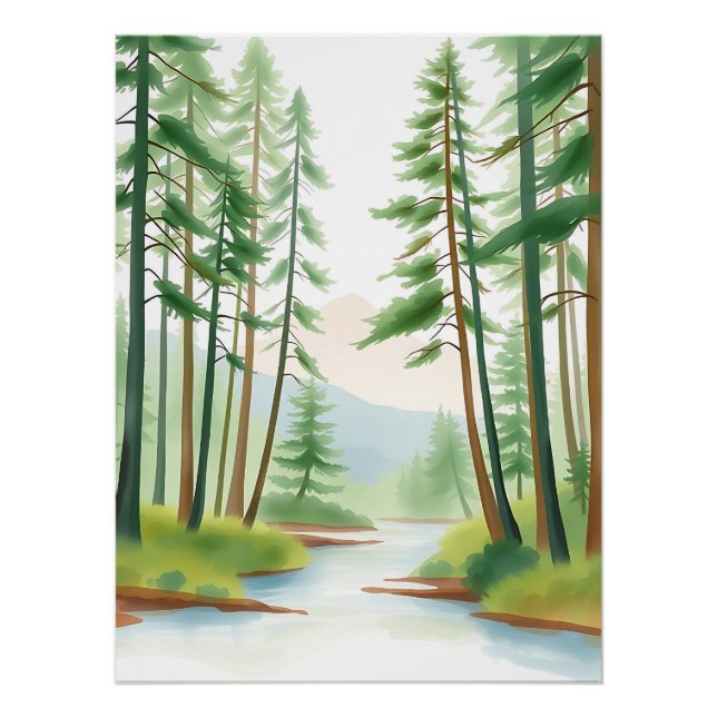 Póster Paisagem da Floresta Serena em Aquarela (Frente)