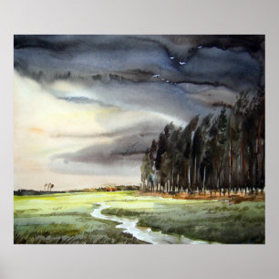 PÓSTER PAISAGEM DA MONÇÃO & PINTURA DE FOREST-WATERCOLO
