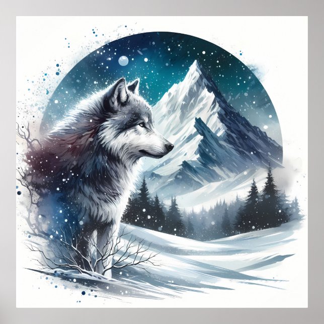 Poster Paisagem da montanha de inverno com Lobo (Frente)