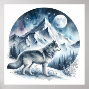 Poster Paisagem da montanha de inverno com Lobo