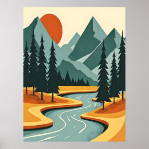 Poster Paisagem da Montanha Retroativa Ilustração Azul Ve