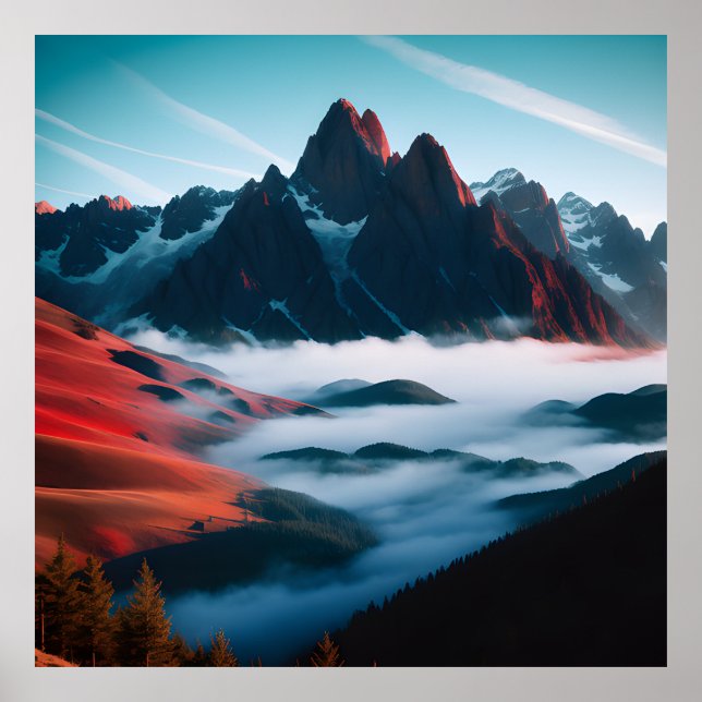 Poster Paisagem da Montanha Retroativa Ilustração Azul Ve (Frente)