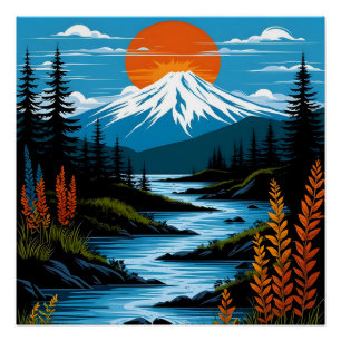 Póster Paisagem da Montanha Retroativa Ilustração Azul Ve