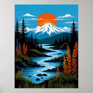 Poster Paisagem da Montanha Retroativa Ilustração Azul Ve