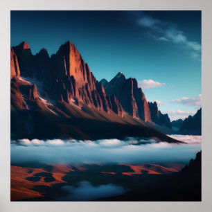 Poster Paisagem da Montanha Retroativa Ilustração Azul Ve