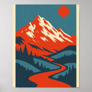 Poster Paisagem da Montanha Retroativa   Red and Blue Vin