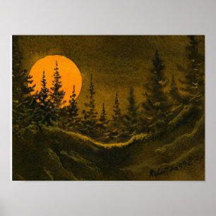 Poster Paisagem da noite do país; caçador ou lua cheia