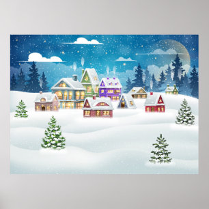 Poster Paisagem das aldeias de inverno com neve coberta
