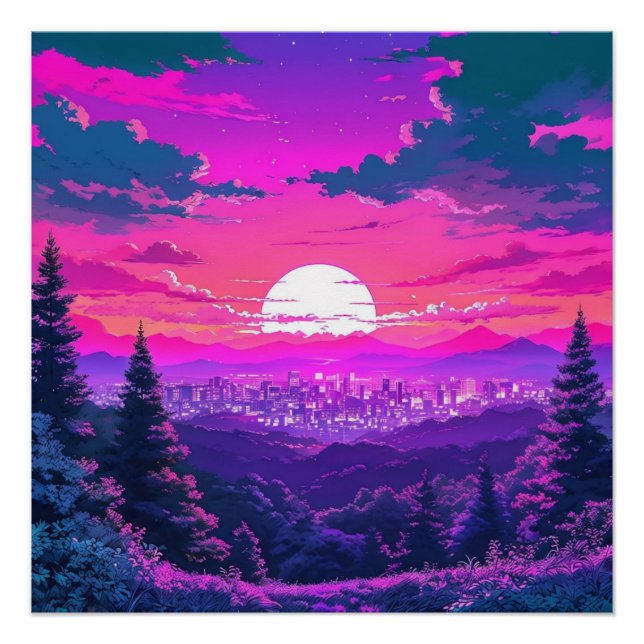 Póster Paisagem de Anime City Mountain Neon Sunset (Frente)
