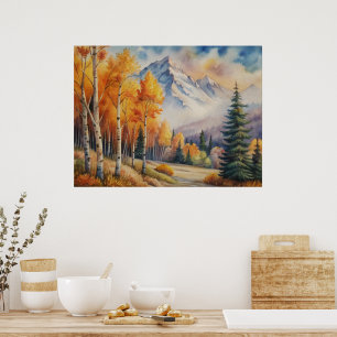Poster Paisagem de Aquarela Floresta de outono com Montan