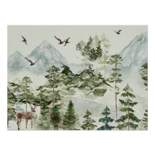 Póster Paisagem de Aquarela Floresta e Montanhas