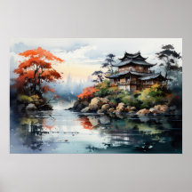 Paisagem de Aquarela Japonesa Autumn Lake