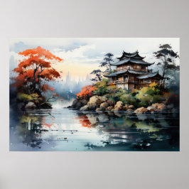 Poster Paisagem de Aquarela Japonesa Autumn Lake