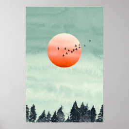 Poster Paisagem de Aquarela Moderna Pôr do Sol Pássaros Á