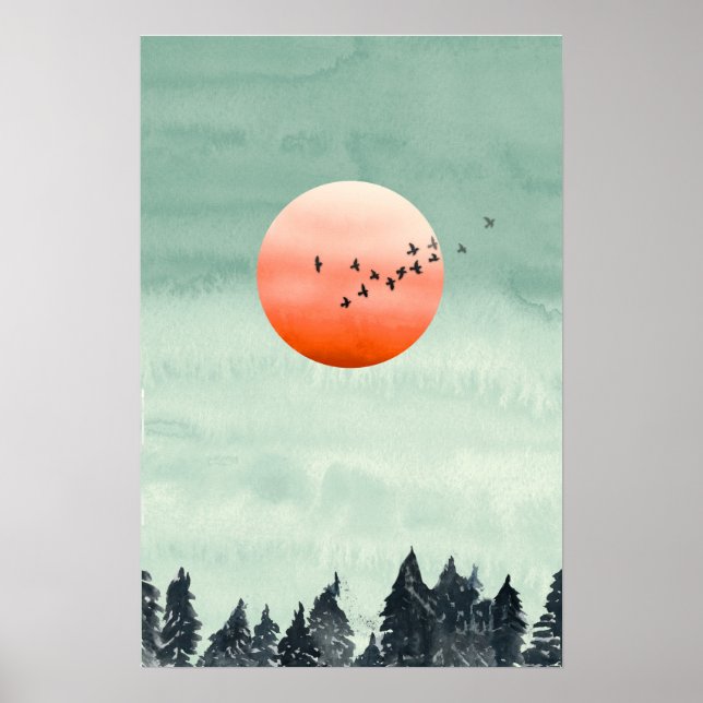Poster Paisagem de Aquarela Moderna Pôr do Sol Pássaros Á (Frente)