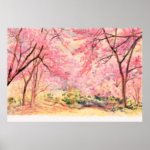 Poster Paisagem de aquarela paisagem rosa flor vermelha d