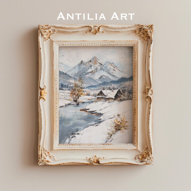 Poster Paisagem de Cabina de Montanha Vintage Snowy (Criador carregado)