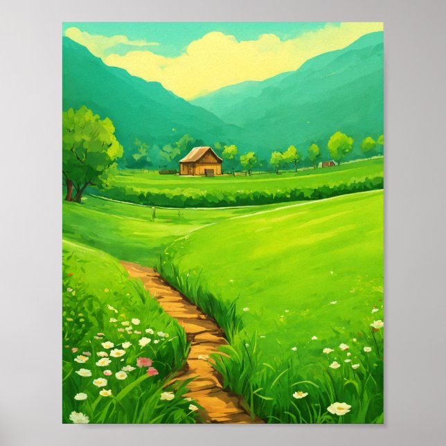 Poster Paisagem de Campo de Grama Verde Whimsic (Frente)