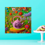Poster Paisagem de chaleira cercada<br><div class="desc">Um poster com IA gerou trabalho de arte de um bule de chá colorido em uma paisagem floral brilhante.</div>