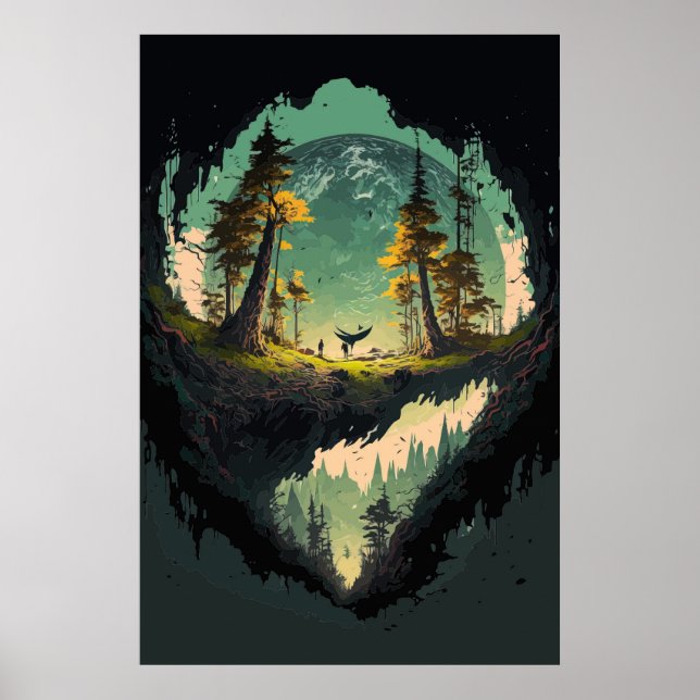 Poster Paisagem de Cratera Moderna com Fundo Planeta P (Frente)