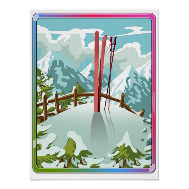 Póster Paisagem de esqui desenho animado (Frente)