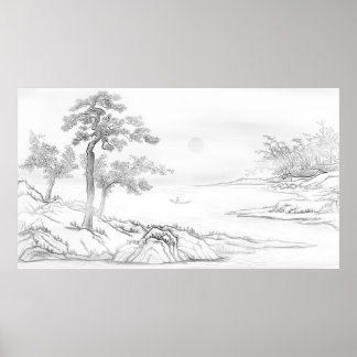 Poster Paisagem de Estilo Chinês Desenhado à Mão
