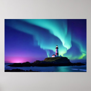 Poster Paisagem de Farol Onda Costeira Oceânica Aurora No