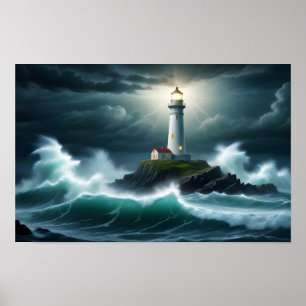 Poster Paisagem de Farol Ondas do Oceano Costeiro Ondas d