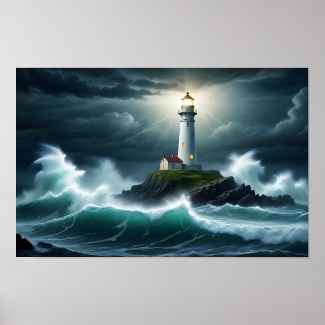 Poster Paisagem de Farol Ondas do Oceano Costeiro Ondas d (Frente)